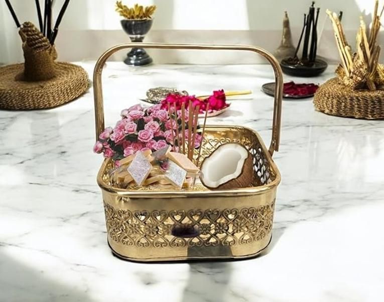 Presents Pure Brass Square Traditional Pooja Basket Dalia